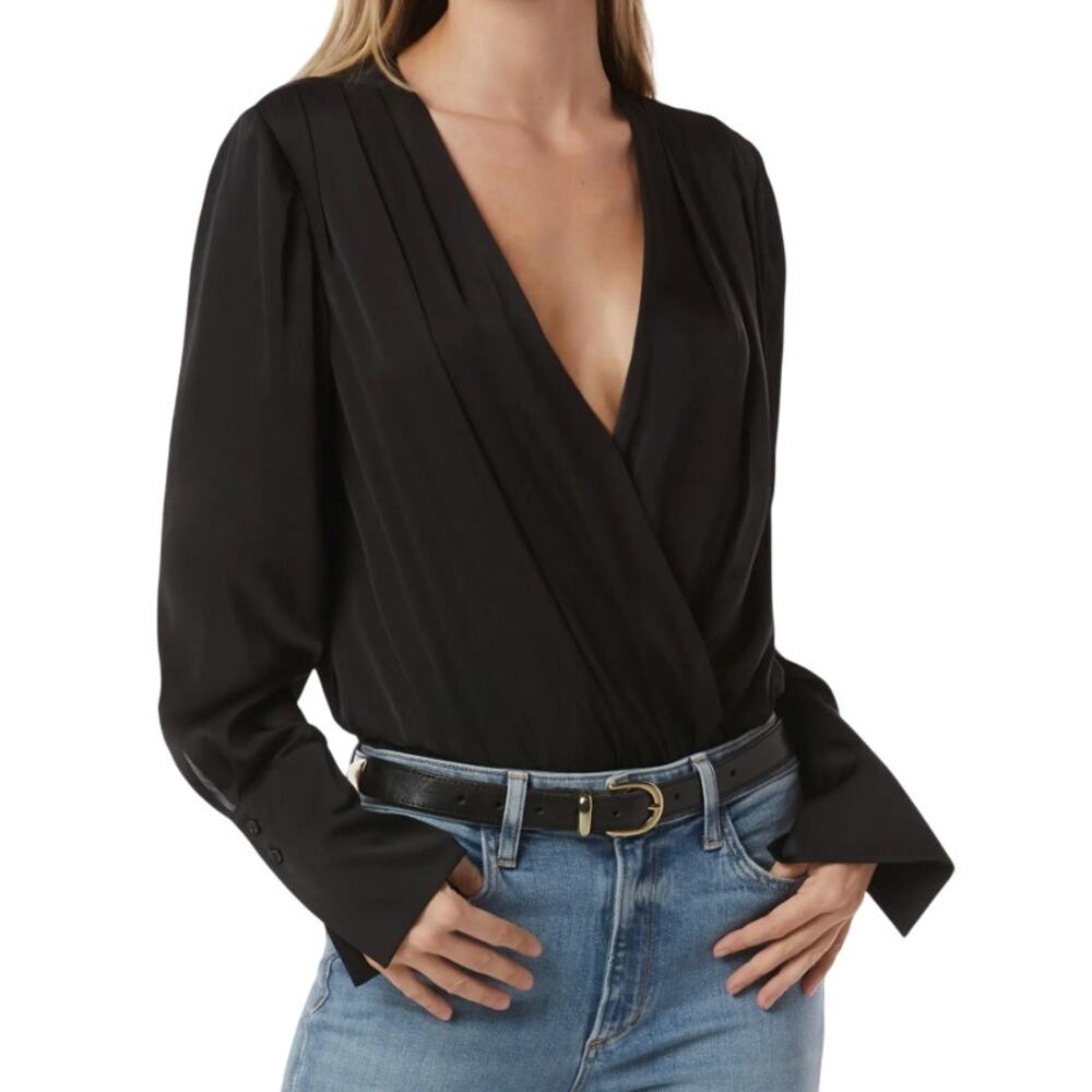 Strut & Bolt Women's Small Solid Black Satin Long Sleeve Faux Wrap Bodysuit